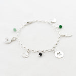 bedel armband aventurijn, onyx, smaragd, muntje, schelp, ster rondel, veertje, hartje