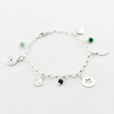 bedel armband aventurijn, onyx, smaragd, muntje, schelp, ster rondel, veertje, hartje